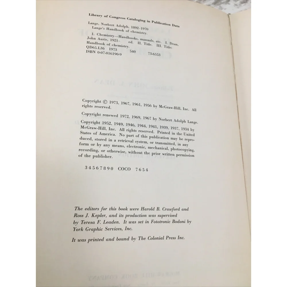Lange's Handbook of Chemistry 11th Edition Vintage 1973 Hardcover John A Dean